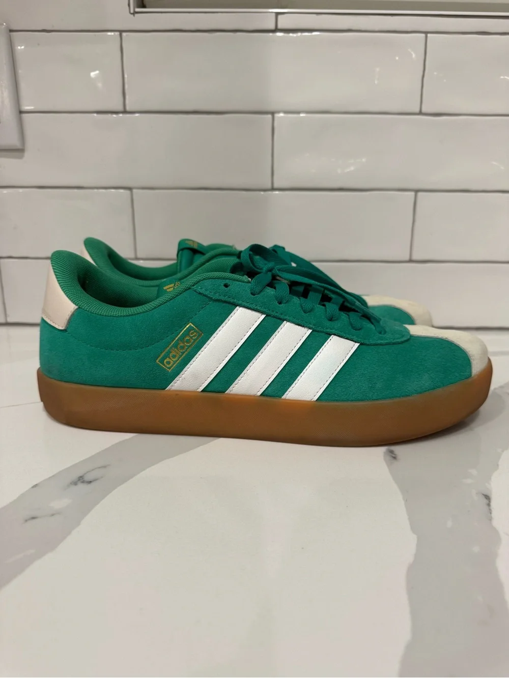adidas Green Suede Low-Top Sneakers with White Stripes and Gum Sole